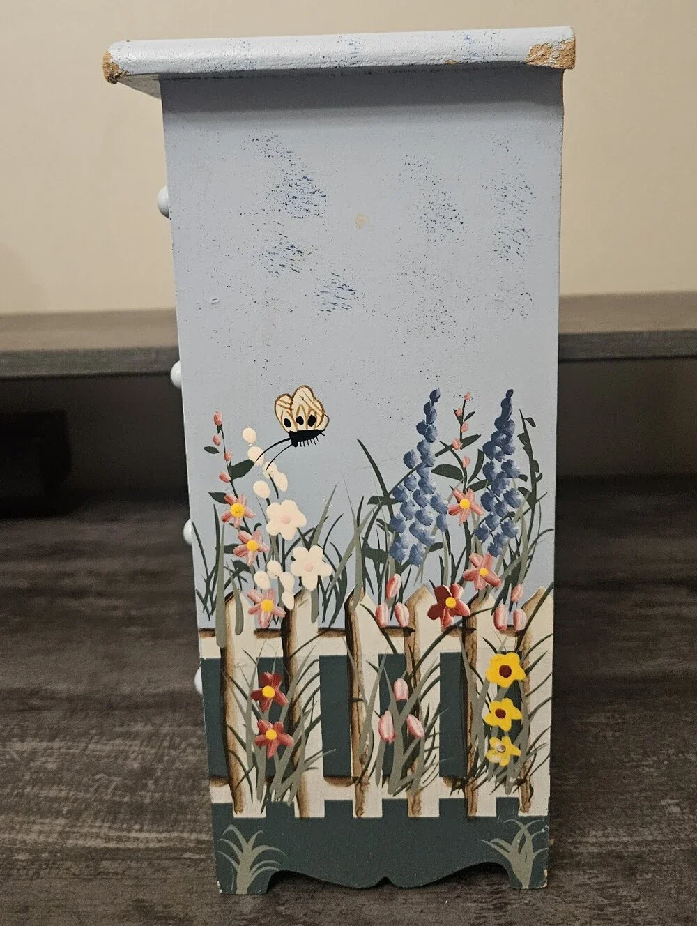 Vintage Hand-Painted Floral Cottage 4-Drawer Trinket Jewelry Box
